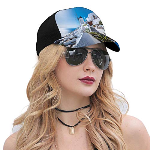 Hip Hop Sun Hat Baseball Cap,Ancient Oia Village In Santorini Island Greece with Aegean Sea Scenery Image,For Men&Women