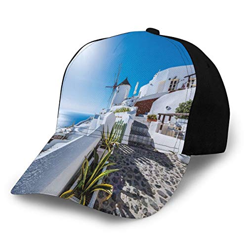 Hip Hop Sun Hat Baseball Cap,Ancient Oia Village In Santorini Island Greece with Aegean Sea Scenery Image,For Men&Women