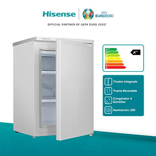 Hisense FV105D4AW2 - Congelador Vertical, clase A++, 82 l capacidad neta, 84.5cm alto, bajo encimera, puerta reversible, 4 estrellas en el congelador, silencioso, color blanco