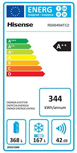 Hisense RS694N4TC2 Side-by-Side/179,30 cm/344 kWh/368 L, 167 L, clase de eficiencia energética A++/535 L, contenido neto, aspecto de acero inoxidable
