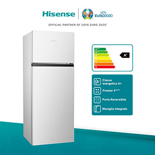 Hisense RT267D4AW1 - Frigorífico Dos Puertas, Clase A+, Cíclico, Color Blanco, Capacidad 205L Neto, Alto 143 Cm, Tirador Integrado, Puertas Reversibles, Congelador 4 Estrellas, Silencioso 40 dB