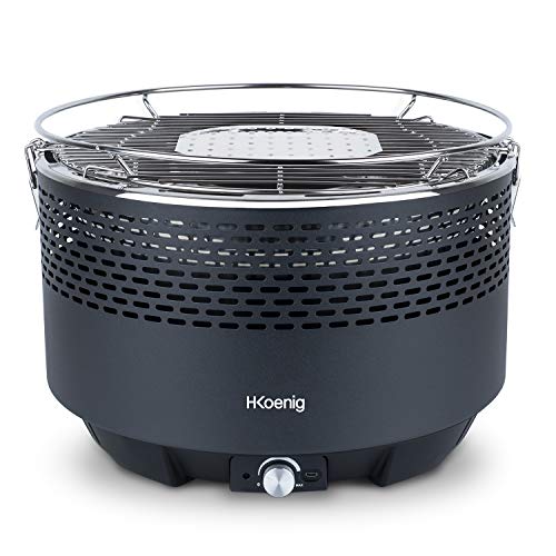 H.Koenig Mesa RIO440 portátil, redonda, carbón de madera, barbacoa, acero inoxidable, cocción homogénea, ideal para jardín, exterior, picnic, camping, barbacoas