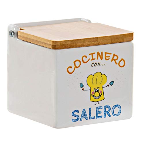 Hogar y Mas Salero de Cocina con Tapa de Madera de Bambú, realizado en Cerámica Dolomite 11x11x11 cm