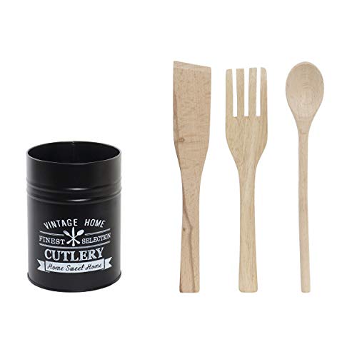 Hogar y Mas Utensilios de Cocina en Madera Set de 3 + Soporte Metálico Negro. Espátula, Tenedor y Cuchara Madera 11X11X15 cm