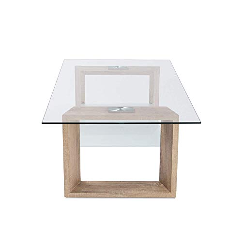 HOGAR24 ES -Eyre-Mesa de Centro Fija, Cristal Transparente, Patas Color Roble Cambrian