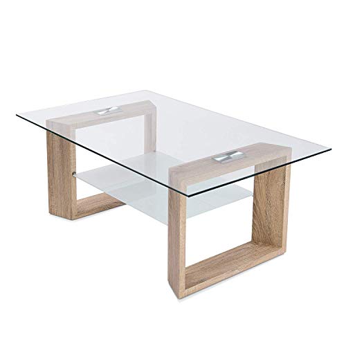 HOGAR24 ES -Eyre-Mesa de Centro Fija, Cristal Transparente, Patas Color Roble Cambrian