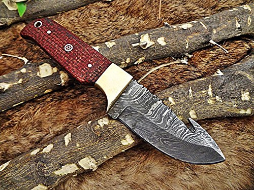 Hoja compacta de Acero Damasco de Espiga Completa con Cuchillo de Tripa, Cuchillo de Bolsillo con Cuchillo de Camping de Madera de micarta roja, Funda de Cuero de Vaca incluida
