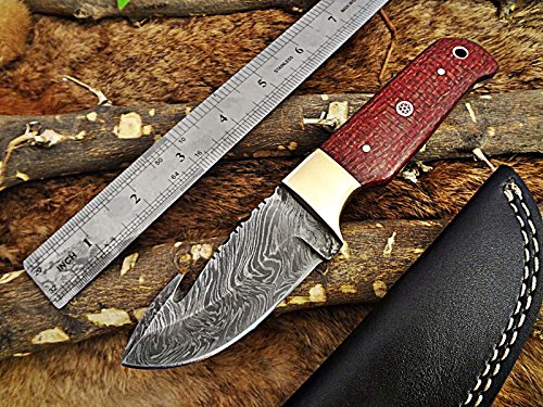 Hoja compacta de Acero Damasco de Espiga Completa con Cuchillo de Tripa, Cuchillo de Bolsillo con Cuchillo de Camping de Madera de micarta roja, Funda de Cuero de Vaca incluida