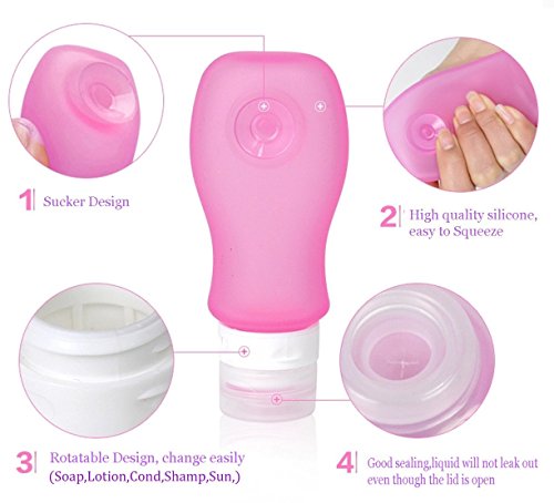 HoJoor Botellas de Viaje de Silicona, FDA Certified 100% BPA Gratis Recipientes rellenables portátiles a Prueba de Fugas para champú, Acondicionador,Loción, artículos de tocador(4 Unidades) -37ml