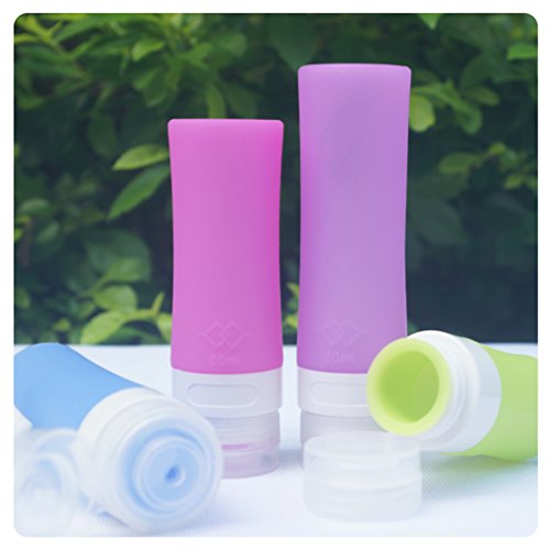 HoJoor Botellas de Viaje de Silicona, FDA Certified 100% BPA Gratis Recipientes rellenables portátiles a Prueba de Fugas para champú, Acondicionador,Loción, artículos de tocador(4 Unidades) -80ml