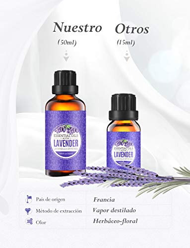 Homasy 50ml Aceite Esencial de Lavanda 100% Puro, Aceite Perfumado sin Diluir, Natural, Orgánico para Difusor, Relax, Alivio, Sueño, Piel, Cuerpo, Masaje, Aceites Naturales para el Hogar Interior