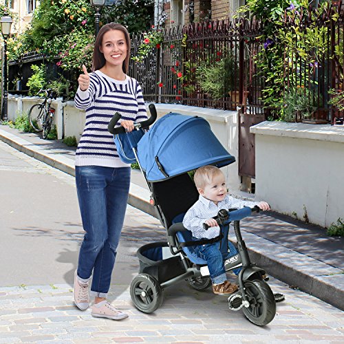 HOMCOM 3 EN 1 Triciclo para Niños +18 Meses Triciclo con Pedales con Capota Extraíble Plegable Barra Telescópica para Padres Triciclo de Empuje 96x53.5x101cm