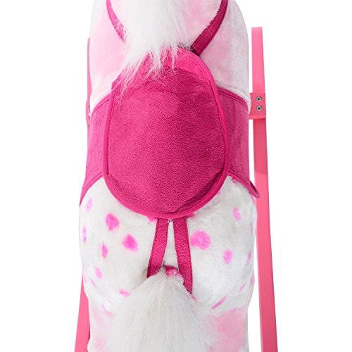 HOMCOM Caballito Balancín Bebé Balancín Peluche Caballo Madera para Niños +3 Años con Sonidos 74x28x65cm Caballito Balancin de Peluche Niños 3 años Juguete Caballo Mecedora Madera Rosa