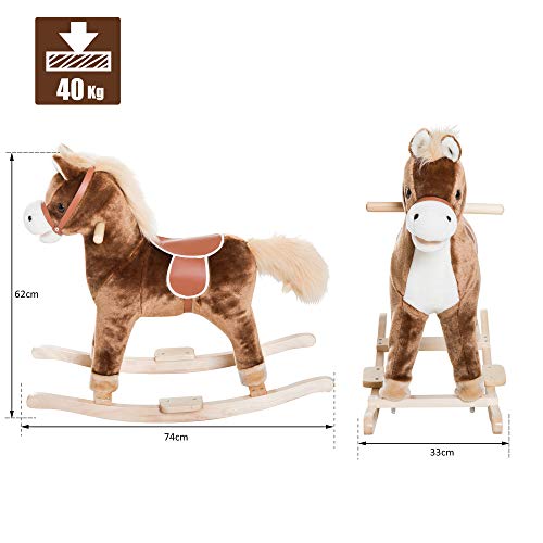 HOMCOM Caballito Balancín de Peluche Balancín Caballo Caballito Madera Juguete de Mecedora para Niños +3 Años 74x33x62cm