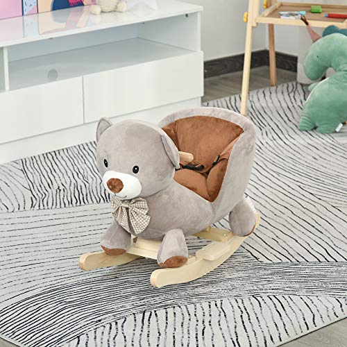 HOMCOM Caballito Balancín para Bebé de +18 Meses Caballo Balancín de Peluche Suave con Forma de Oso con Sonido Manillar y Reposapiés 60x33x50 cm Gris