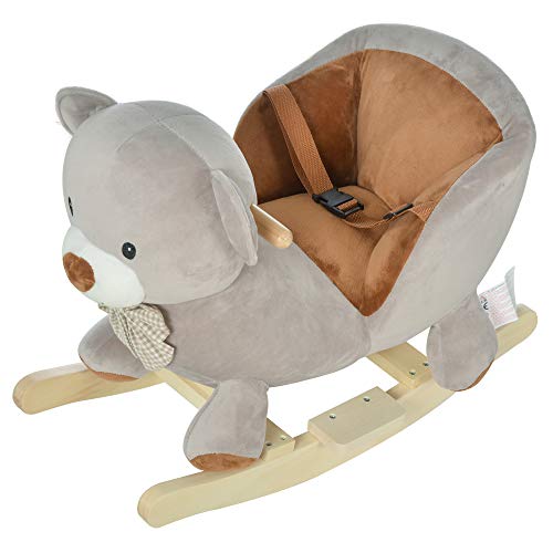 HOMCOM Caballito Balancín para Bebé de +18 Meses Caballo Balancín de Peluche Suave con Forma de Oso con Sonido Manillar y Reposapiés 60x33x50 cm Gris