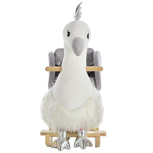HOMCOM Caballito Balancín para Bebé de +18 Meses Suave con Forma de Cisne Sonidos Reposapiés y Cinturón 60x33x59 cm Blanco y Gris