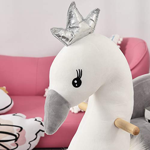 HOMCOM Caballito Balancín para Bebé de +18 Meses Suave con Forma de Cisne Sonidos Reposapiés y Cinturón 60x33x59 cm Blanco y Gris