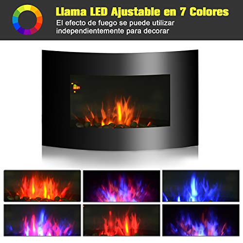 HOMCOM Chimenea Eléctrica de Pared Estufa Eléctrica Calentador de Fuego 900/1800W con Mando a Distancia Termostato Llama LED 7 Colores