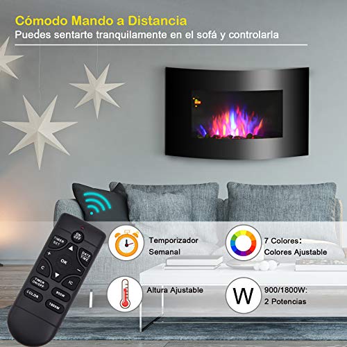 HOMCOM Chimenea Eléctrica de Pared Estufa Eléctrica Calentador de Fuego 900/1800W con Mando a Distancia Termostato Llama LED 7 Colores