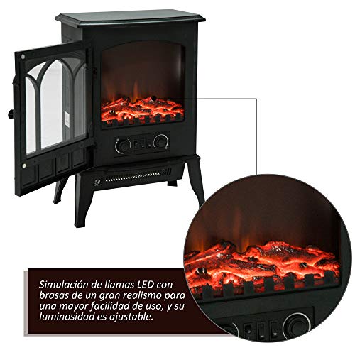 HOMCOM Chimenea Eléctrica de Pie Movible y Decorativo Calefactor Estufa 1000/2000W Llama LED con Termostato 39x23x56.5cm