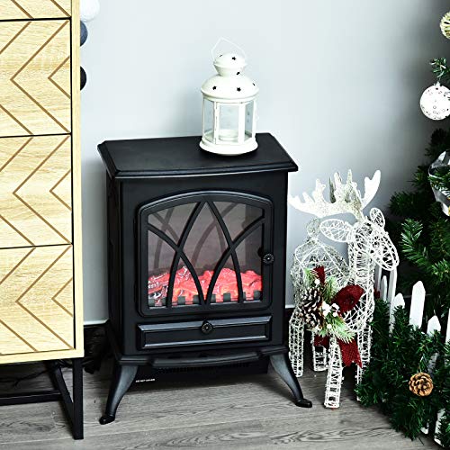 HOMCOM Chimenea Eléctrica Móvil Tipo Estufa de Pie con Efecto de Leña Ardiendo Calefactor 1000W/2000W 45x28x54cm Color Negro