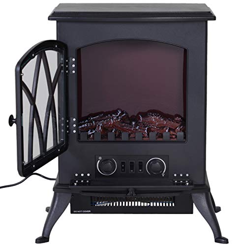 HOMCOM Chimenea Eléctrica Móvil Tipo Estufa de Pie con Efecto de Leña Ardiendo Calefactor 1000W/2000W 45x28x54cm Color Negro