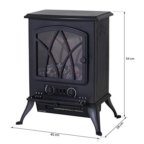 HOMCOM Chimenea Eléctrica Móvil Tipo Estufa de Pie con Efecto de Leña Ardiendo Calefactor 1000W/2000W 45x28x54cm Color Negro