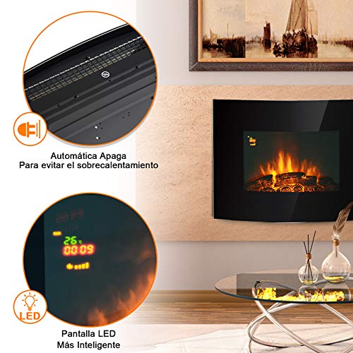 HOMCOM Chimenea Eléctrica Tipo Estufa de Pared con Efecto Leña Ardiendo y Mando a Distancia 900W/1800W 65x11.4x52cm