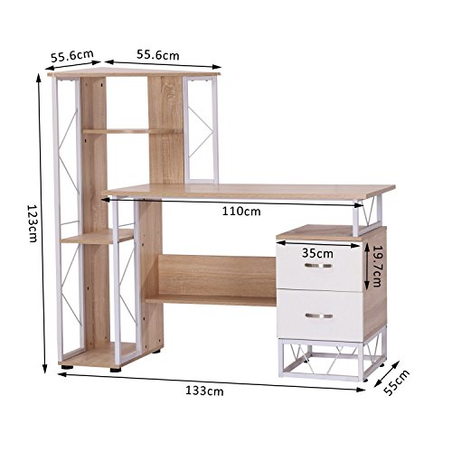 HOMCOM Mesa de Ordenador PC para Oficina Despacho Escritorio Dormitorio Escuela Estante 133x55x123CM Madera