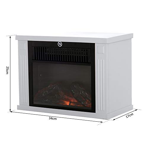 HOMCOM Portátil Mini Estufa Eléctrica Calefactor Chimenea Pequeña Termostato Ajustable 600/1200W Llama Decorativa 34x17x25cm Blanco