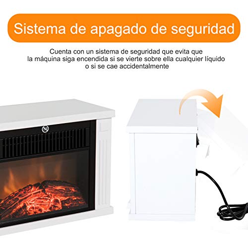 HOMCOM Portátil Mini Estufa Eléctrica Calefactor Chimenea Pequeña Termostato Ajustable 600/1200W Llama Decorativa 34x17x25cm Blanco