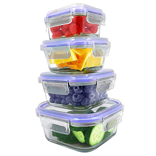 Home Fleek - Envases de Vidrio para Alimentos | 4 Recipientes + 4 Tapas | Herméticos | Sin BPA (Set 4, Cuadrado Azul)