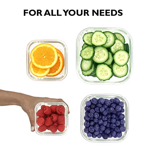 Home Fleek - Envases de Vidrio para Alimentos | 4 Recipientes + 4 Tapas | Herméticos | Sin BPA (Set 4, Cuadrado Azul)