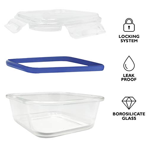 Home Fleek - Envases de Vidrio para Alimentos | 4 Recipientes + 4 Tapas | Herméticos | Sin BPA (Set 4, Cuadrado Azul)