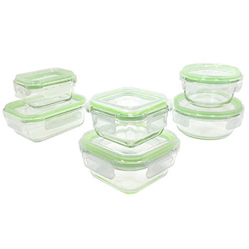 Home Fleek - Envases de Vidrio para Alimentos | 6 Recipientes + 6 Tapas | Herméticos | Sin BPA (Set 6, Mixto Verde)