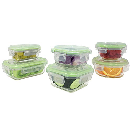 Home Fleek - Envases de Vidrio para Alimentos | 6 Recipientes + 6 Tapas | Herméticos | Sin BPA (Set 6, Mixto Verde)