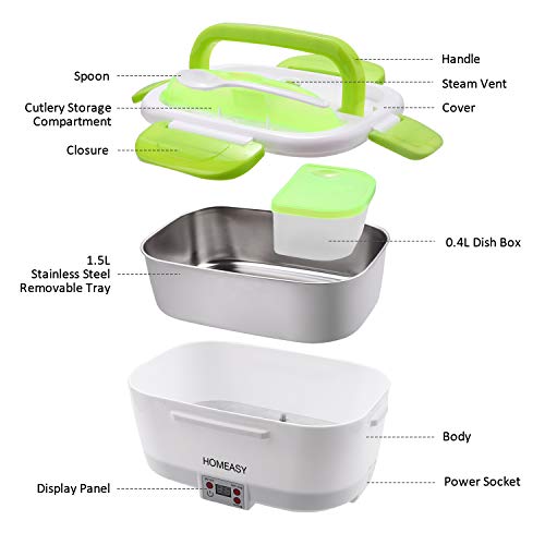 homeasy Fiambrera Eléctrica 220V, 40W Caja de Almuerzo Eléctrica con Pantalla LCD y Temporizador, 1.5L Calentador de Alimentos de Acero Inoxidable Extraíble para el Hogar, Camping y Oficina