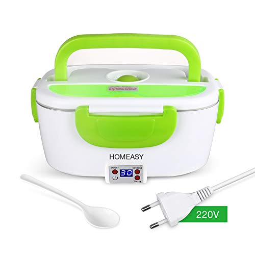 homeasy Fiambrera Eléctrica 220V, 40W Caja de Almuerzo Eléctrica con Pantalla LCD y Temporizador, 1.5L Calentador de Alimentos de Acero Inoxidable Extraíble para el Hogar, Camping y Oficina