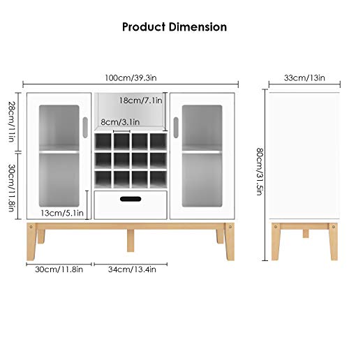 HOMECHO Aparador Moderno con Botellero para 12 Botellas Armario de Vino de Gran Capacidad para Almacenamiento para Salón Comedor Cocina de Madera Blanco 100 x 33 x 80.5 cm