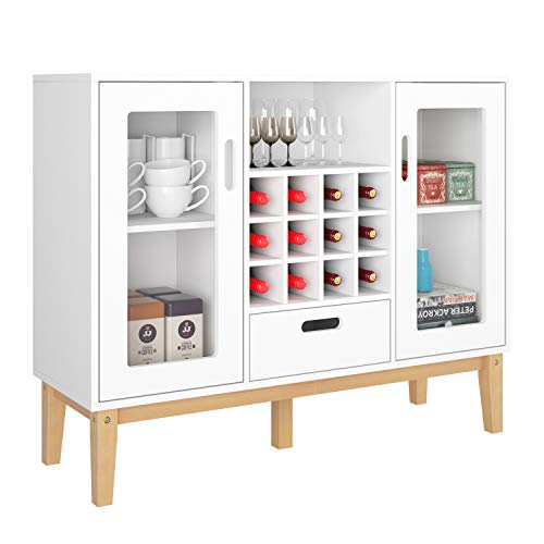 HOMECHO Aparador Moderno con Botellero para 12 Botellas Armario de Vino de Gran Capacidad para Almacenamiento para Salón Comedor Cocina de Madera Blanco 100 x 33 x 80.5 cm