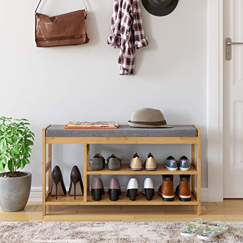 HOMECHO Banco Zapatero con 3 Estantes para Zapatos Zapatero con Taburete con Amortiguar Cómodo para Entrada Pasillo Salón Dormitorio de Bambú Color Natural 91.5x29x50 cm