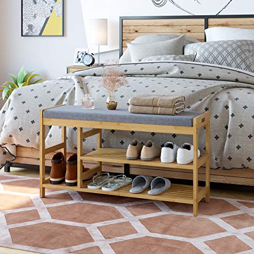 HOMECHO Banco Zapatero con 3 Estantes para Zapatos Zapatero con Taburete con Amortiguar Cómodo para Entrada Pasillo Salón Dormitorio de Bambú Color Natural 91.5x29x50 cm