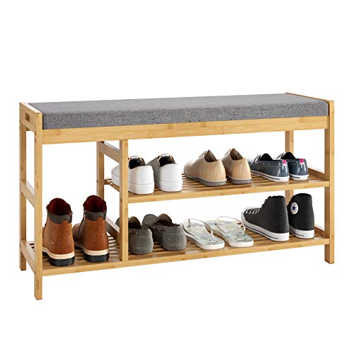 HOMECHO Banco Zapatero con 3 Estantes para Zapatos Zapatero con Taburete con Amortiguar Cómodo para Entrada Pasillo Salón Dormitorio de Bambú Color Natural 91.5x29x50 cm