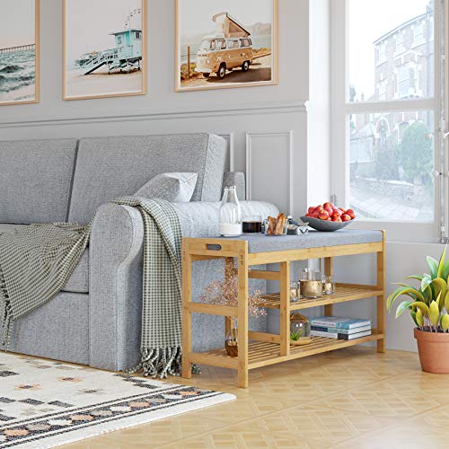 HOMECHO Banco Zapatero con 3 Estantes para Zapatos Zapatero con Taburete con Amortiguar Cómodo para Entrada Pasillo Salón Dormitorio de Bambú Color Natural 91.5x29x50 cm