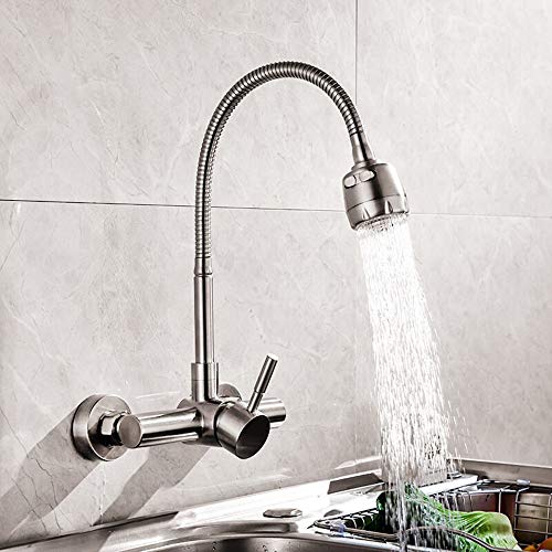 HomeLava Grifo de cocina Montaje en pared Grifo flexible de agua fría 2 funciones Pulverizador Rotación de 360 ° Grifo cepillado Grifo del fregadero Acero inoxidable 304