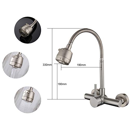 HomeLava Grifo de cocina Montaje en pared Grifo flexible de agua fría 2 funciones Pulverizador Rotación de 360 ° Grifo cepillado Grifo del fregadero Acero inoxidable 304
