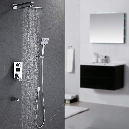 Homelody Columna de Ducha 3funciones con LCD Pantalla Hidroeléctrica Columna Hidromasaje Duchas Set Ducha con Conjunto de Ducha Agua Fría y Caliente Plateado