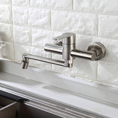 Homelody Grifo de Cocina Giratorio a 360° 2 Funciones con Aireador Montaje en Pared Acero Inoxidable 304 Acabado Cepillado