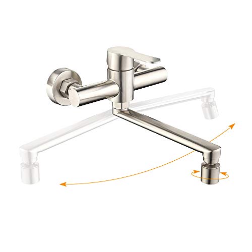 Homelody Grifo de Cocina Giratorio a 360° 2 Funciones con Aireador Montaje en Pared Acero Inoxidable 304 Acabado Cepillado